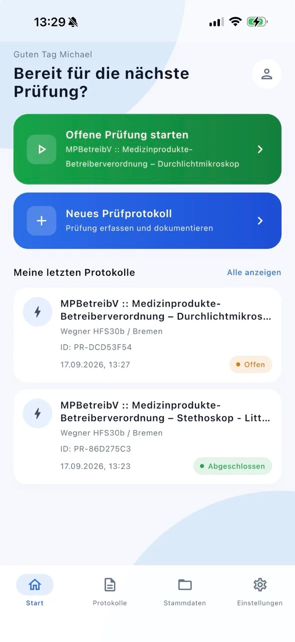 Startbildschirm der PruefProt-App mit offenen Prüfungen und letzten Protokollen