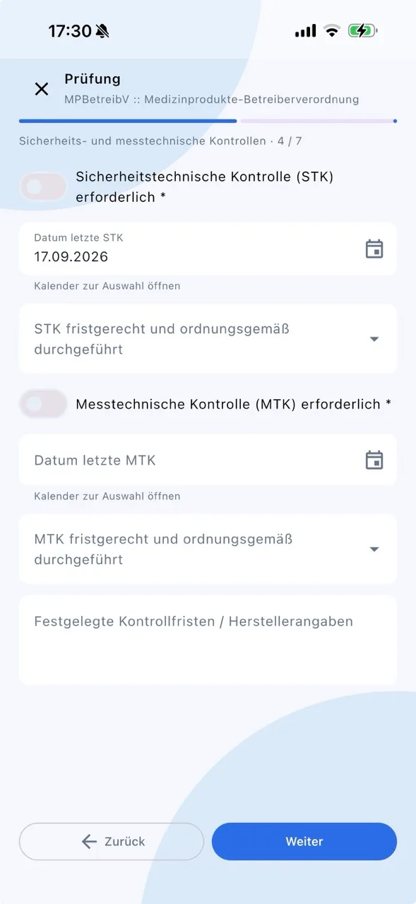 Mobile Prüfer-App mit Prüfungsformular für sicherheits- und messtechnische Kontrollen