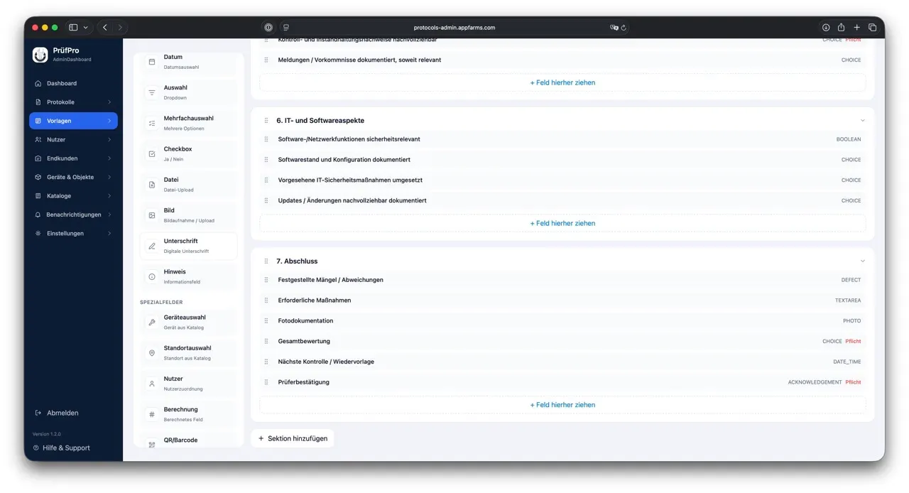 Vorlageneditor in der PruefProt-Administration mit Abschnitten, Feldtypen und Pflichtfeldern